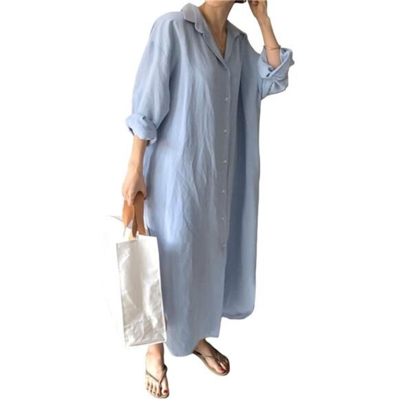 Womens Chic Button Down Rolled-Up Sleeve Long Cotton Blouse Maxi Dress - Picture 8 of 14